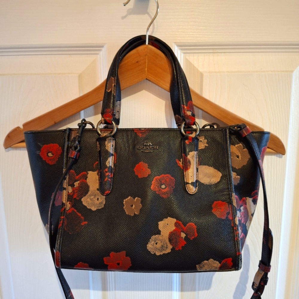 Coach Floral Dark Brown Tote Bag with Leather Handles
